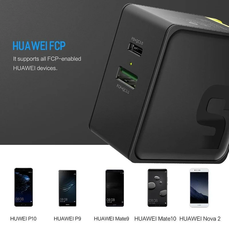PD-Schnelllade-USB-Ladegerät für iPhone X 8 plus, ROCK 36 W Quick Charge 3.0 Dual-USB-Ladegerät QC3.0 & PD & FCP Schnellladung