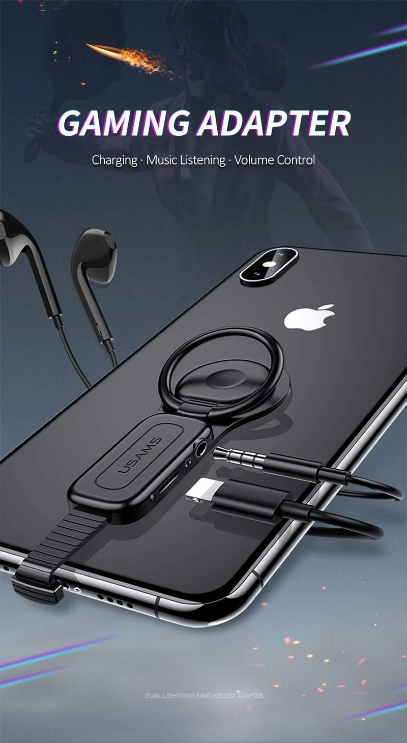 Für Lightning auf 3.5 mm Audio-Adapter mit Fingerring-Halter, Schnelllade-Splitter für Adapter, Kopfhöreranschluss für iPhone 7