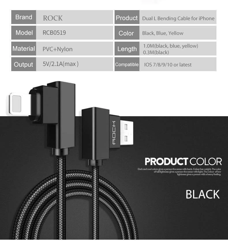 ROCK USB-Beleuchtungskabel für iPhone X 8 7 6 5 Schnellladegerät USB-Datenkabel für iPad iPod Handykabel 90 Grad rechtwinklig