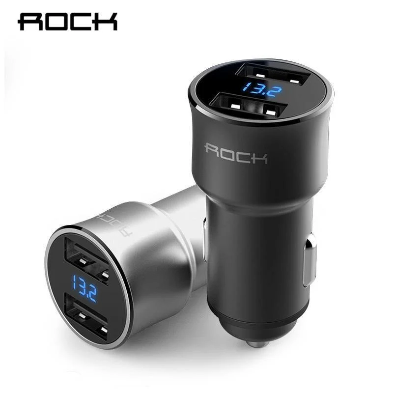 ROCK H2 Dual USB Autoladegerät Digitale LED-Anzeige 5V 3.4A Telefon Autoladegerät Schnellladeüberwachung für iPhone Samsung