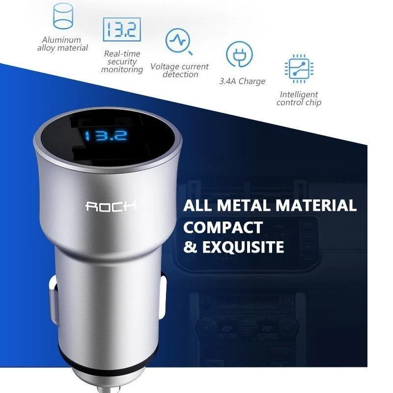 ROCK H2 Dual USB Autoladegerät Digitale LED-Anzeige 5V 3.4A Telefon Autoladegerät Schnellladeüberwachung für iPhone Samsung