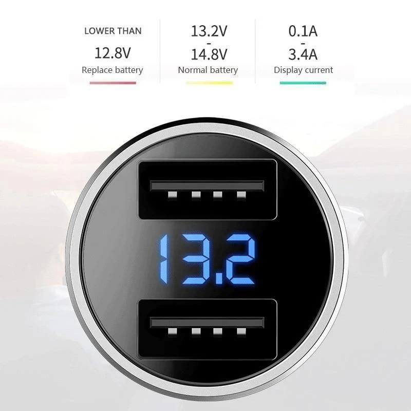 ROCK H2 Dual USB Autoladegerät Digitale LED-Anzeige 5V 3.4A Telefon Autoladegerät Schnellladeüberwachung für iPhone Samsung