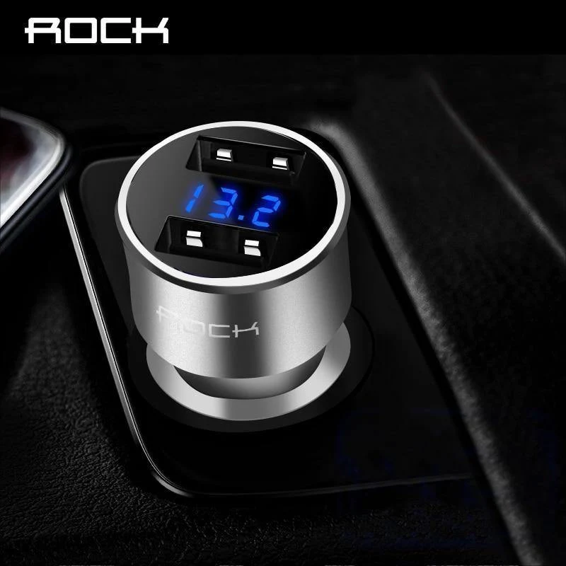 Autoladegerät Digitalanzeige Dual USB, ROCK 5V 3.4A Für iPhone Xiaomi Samsung Schnellladespannungsüberwachung Universaltelefon