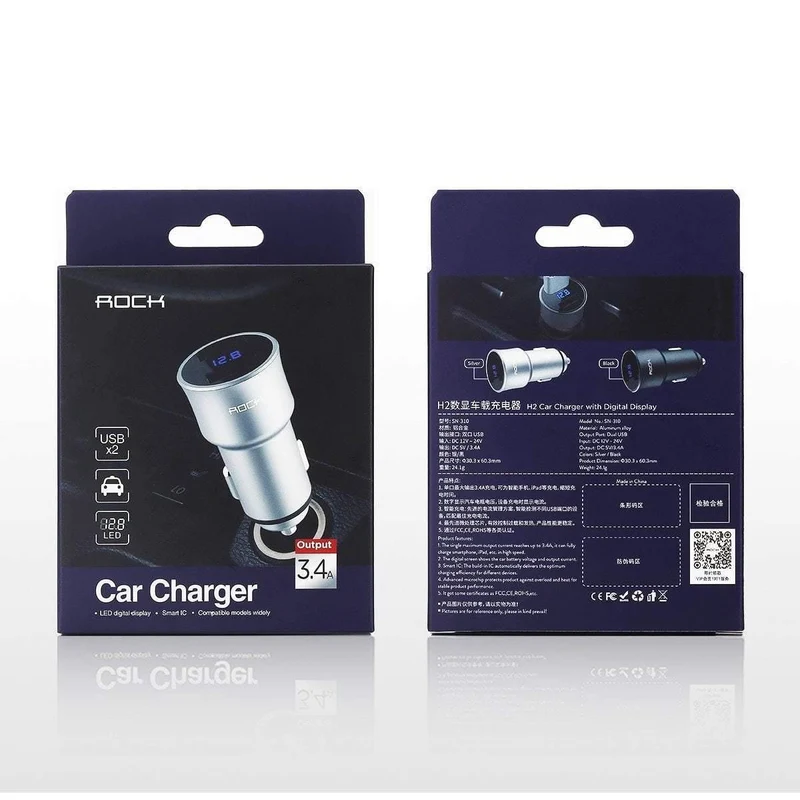 Autoladegerät Digitalanzeige Dual USB, ROCK 5V 3.4A Für iPhone Xiaomi Samsung Schnellladespannungsüberwachung Universaltelefon