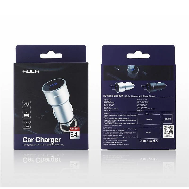 Autoladegerät Digitalanzeige Dual USB, ROCK 5V 3.4A Für iPhone Xiaomi Samsung Schnellladespannungsüberwachung Universaltelefon