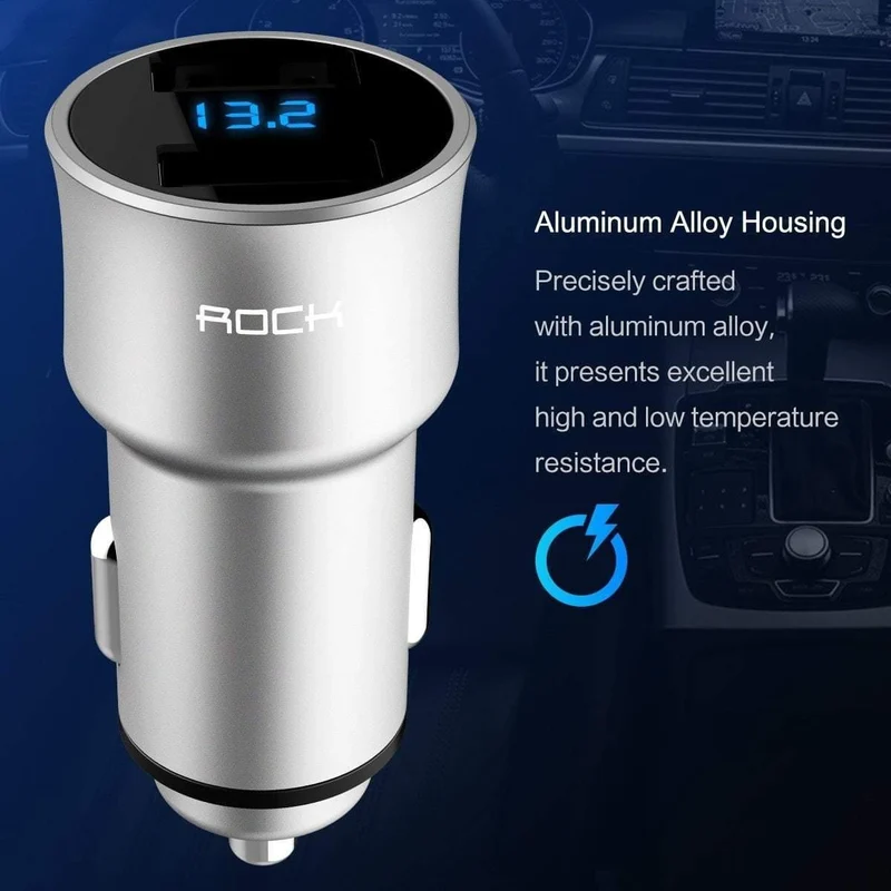 Autoladegerät Digitalanzeige Dual USB, ROCK 5V 3.4A Für iPhone Xiaomi Samsung Schnellladespannungsüberwachung Universaltelefon
