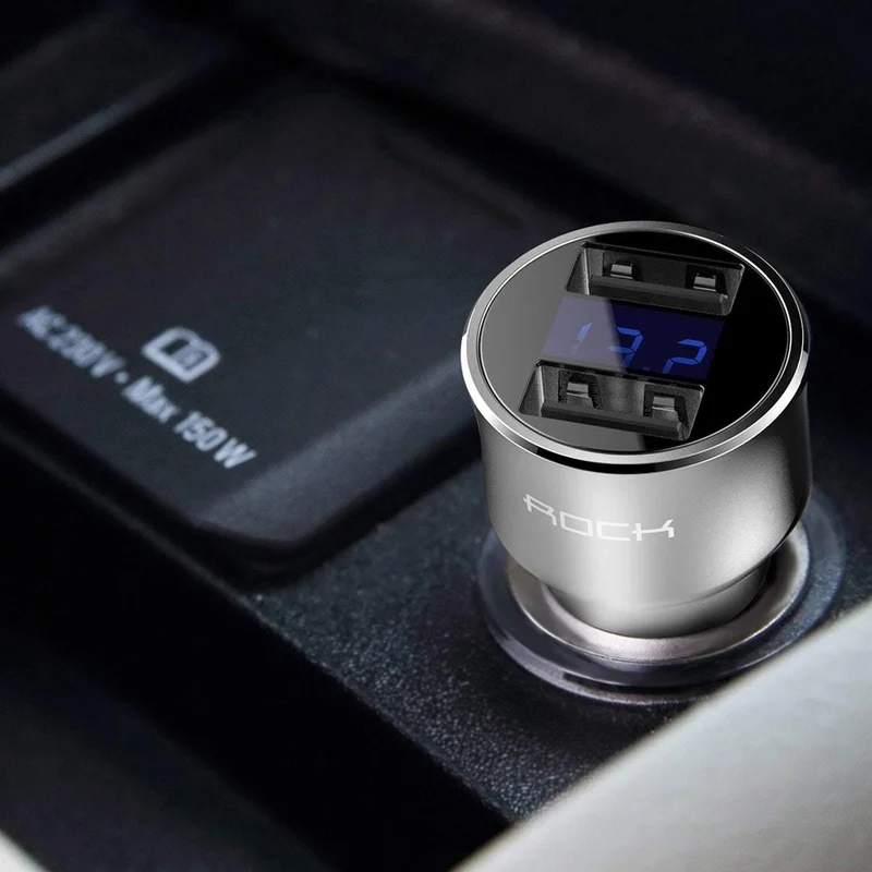 Autoladegerät Digitalanzeige Dual USB, ROCK 5V 3.4A Für iPhone Xiaomi Samsung Schnellladespannungsüberwachung Universaltelefon