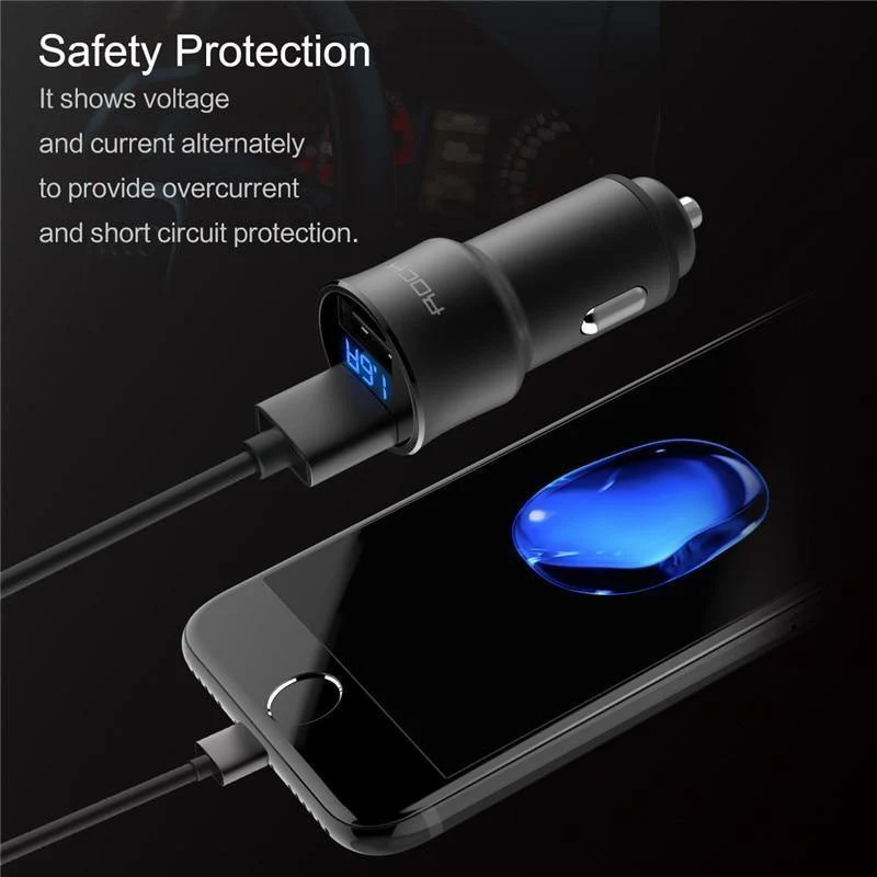 Autoladegerät Digitalanzeige Dual USB, ROCK 5V 3.4A Für iPhone Xiaomi Samsung Schnellladespannungsüberwachung Universaltelefon