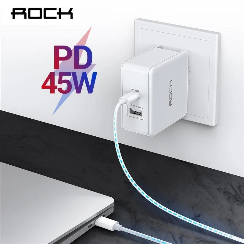 ROCK PD 45W Dual-USB-Ladegerät Schnellladung US-Stecker für iPhone XS Max XR X 8 plus USB-PD-Schnellladegerät Typ C für Mobiltelefone