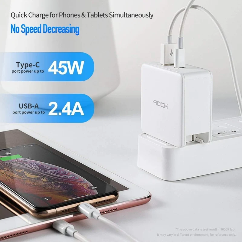 ROCK PD 45W Dual-USB-Ladegerät Schnellladung US-Stecker für iPhone XS Max XR X 8 plus USB-PD-Schnellladegerät Typ C für Mobiltelefone