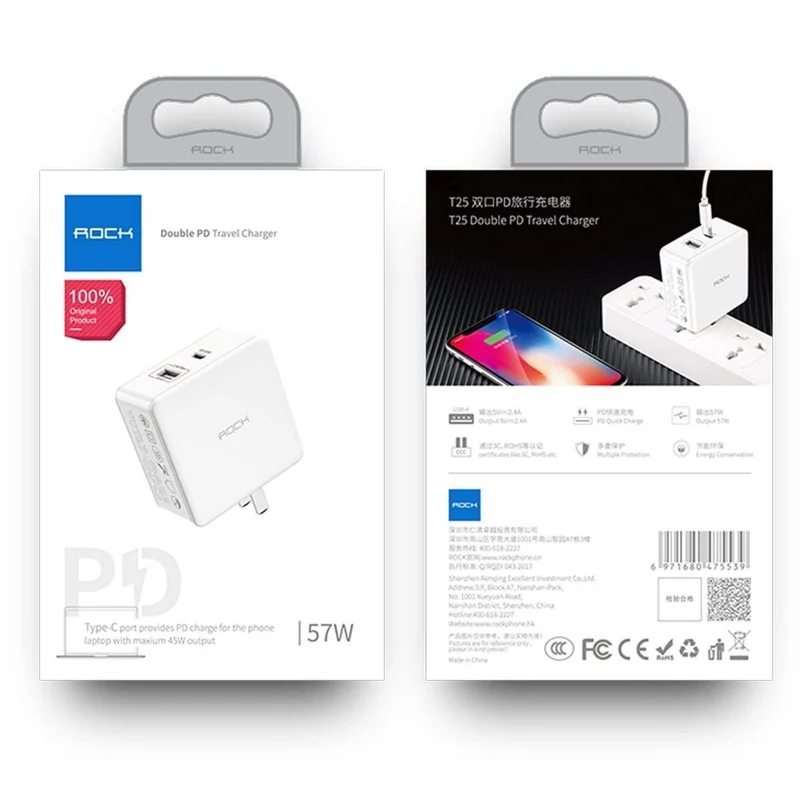 ROCK PD 45W Dual-USB-Ladegerät Schnellladung US-Stecker für iPhone XS Max XR X 8 plus USB-PD-Schnellladegerät Typ C für Mobiltelefone