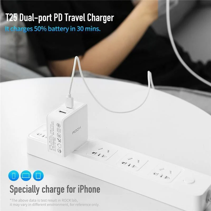 ROCK PD 45W Dual-USB-Ladegerät Schnellladung US-Stecker für iPhone XS Max XR X 8 plus USB-PD-Schnellladegerät Typ C für Mobiltelefone