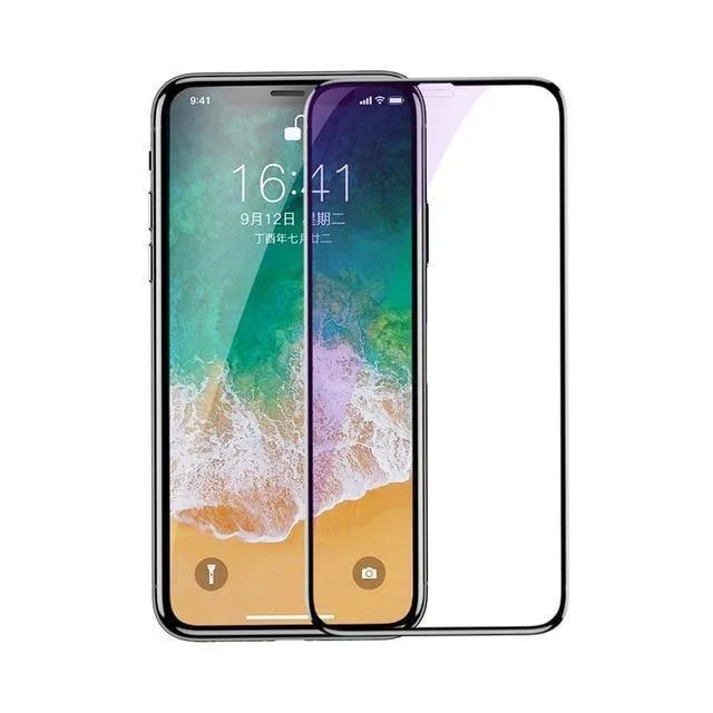 Baseus 0.3 MM 7D Oberflächen-Displayschutz für iPhone X Glas 9H Dünnes Anti-Blaulicht-Hartglas für iPhone X Schutzglas