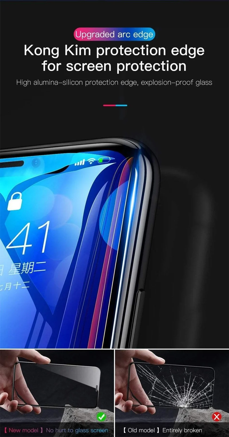 Baseus 0.3 MM 7D Oberflächen-Displayschutz für iPhone X Glas 9H Dünnes Anti-Blaulicht-Hartglas für iPhone X Schutzglas