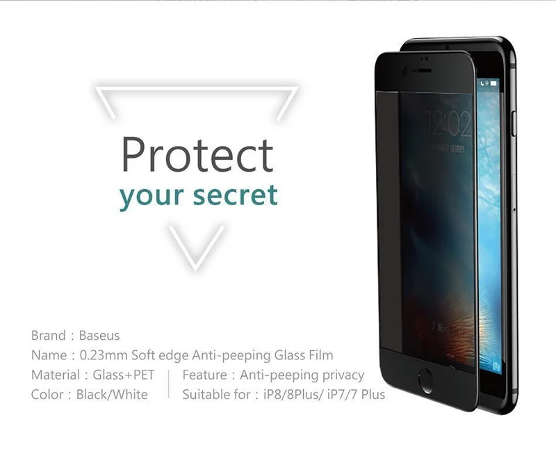 Baseus 3D Displayschutzfolie für iPhone 7 7 Plus Anti Spy Privacy Schutzglas für iPhone 8 8 Plus gehärtete Glasfilme