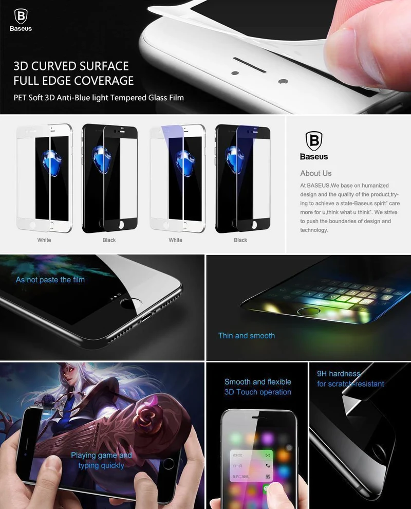 Baseus Für iPhone 8 7 Displayschutz Ultradünnes 9H Kratzfestes gehärtetes Glas Für iPhone 7 Plus 8 Plus Schutzglas
