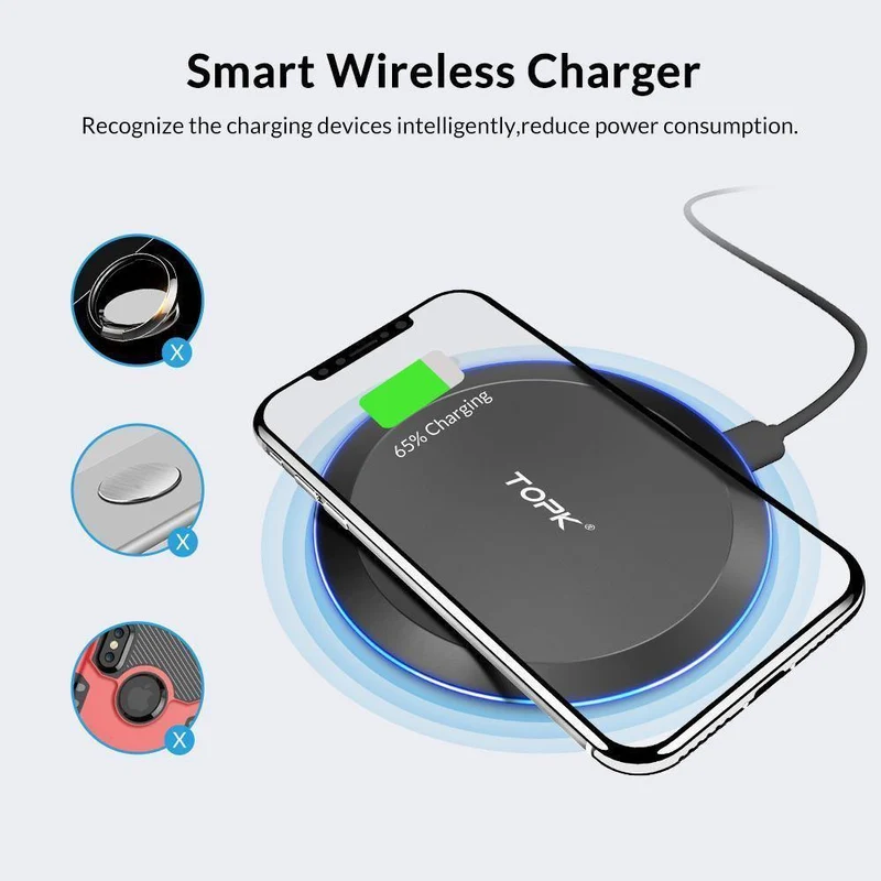 TOPK 10W kabelloses Ladegerät für iPhone X/XS Max XR 8 Plus, schnelles Laden für Samsung S8 S9 Note 9 8 Telefon-Ladegerät-Pad