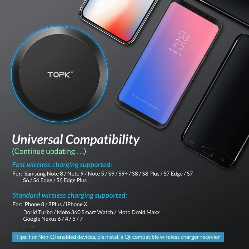 TOPK 10W kabelloses Ladegerät für iPhone X/XS Max XR 8 Plus, schnelles Laden für Samsung S8 S9 Note 9 8 Telefon-Ladegerät-Pad