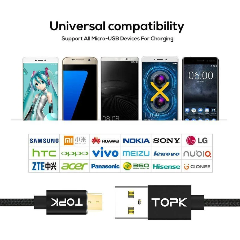 TOPK 1M (3.3 ft) FLine-Mini LED Magnetkabel für Samsung S7 Micro USB-Geräte Handykabel Magnetladegerät Microusb-Kabel