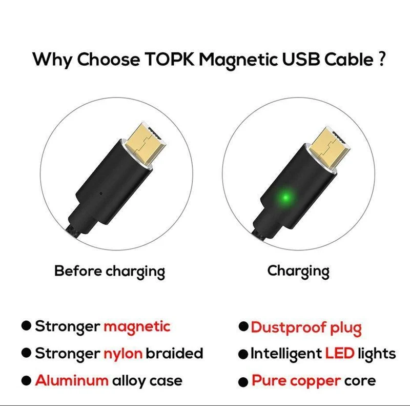 TOPK 1M (3.3 ft) FLine-Mini LED Magnetkabel für Samsung S7 Micro USB-Geräte Handykabel Magnetladegerät Microusb-Kabel