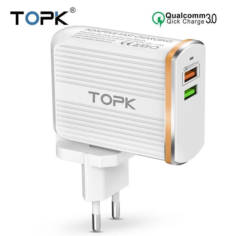 TOPK Handy-Ladegerät, 30 W, USB-Ladegerät für iPhone, Samsung, Xiaomi, Huawei, Quick Charge 3.0, Schnellladegerät, Dual-USB-Reiseadapter