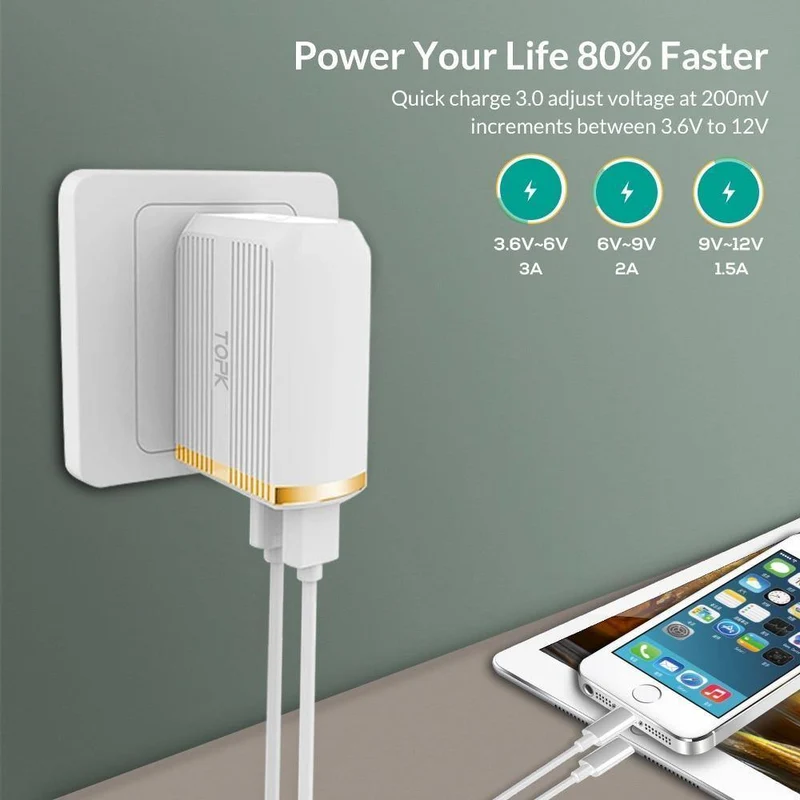 TOPK Handy-Ladegerät, 30 W, USB-Ladegerät für iPhone, Samsung, Xiaomi, Huawei, Quick Charge 3.0, Schnellladegerät, Dual-USB-Reiseadapter