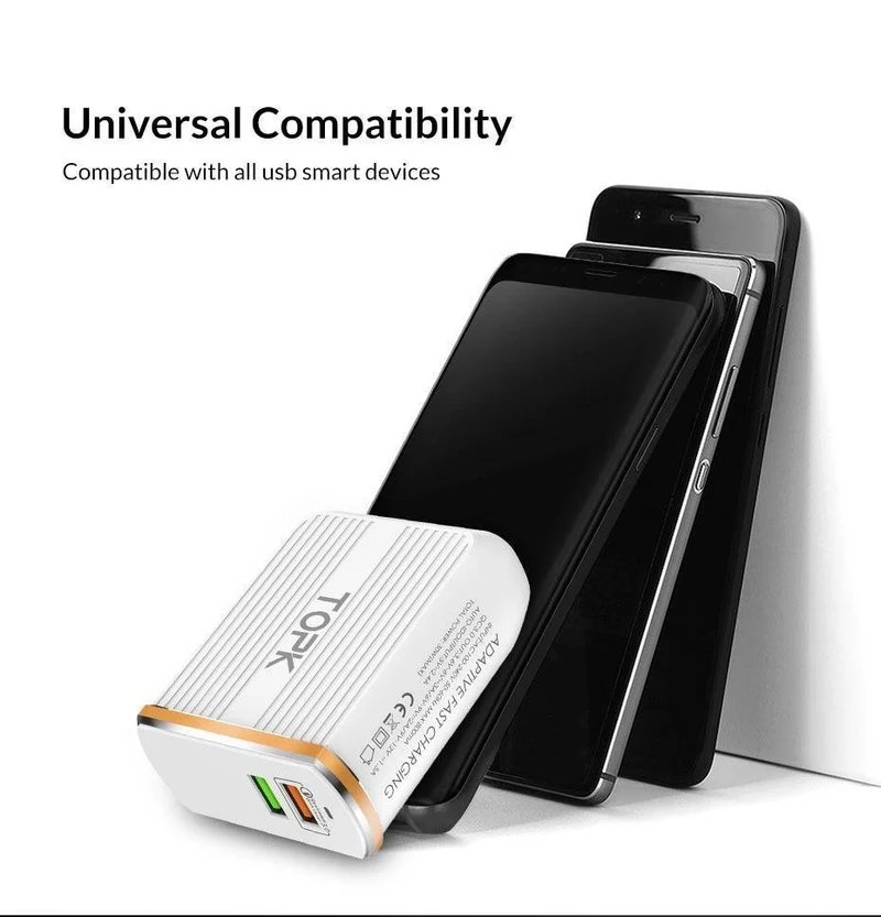 TOPK Handy-Ladegerät, 30 W, USB-Ladegerät für iPhone, Samsung, Xiaomi, Huawei, Quick Charge 3.0, Schnellladegerät, Dual-USB-Reiseadapter