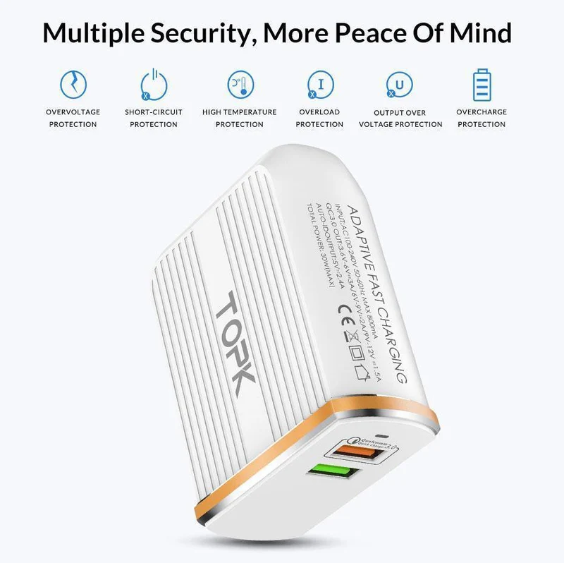 TOPK Handy-Ladegerät, 30 W, USB-Ladegerät für iPhone, Samsung, Xiaomi, Huawei, Quick Charge 3.0, Schnellladegerät, Dual-USB-Reiseadapter