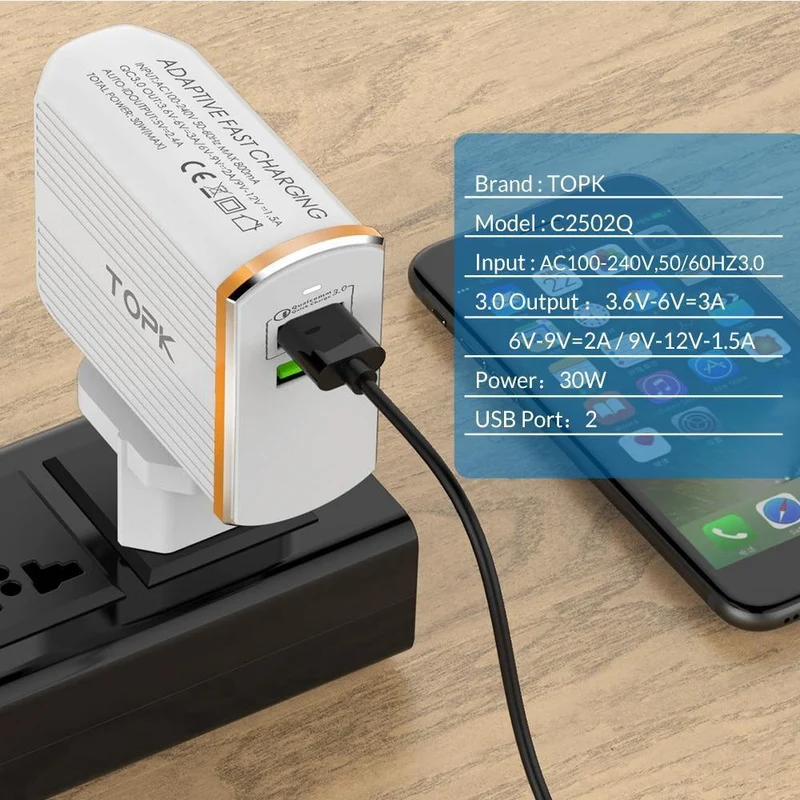 TOPK Handy-Ladegerät, 30 W, USB-Ladegerät für iPhone, Samsung, Xiaomi, Huawei, Quick Charge 3.0, Schnellladegerät, Dual-USB-Reiseadapter