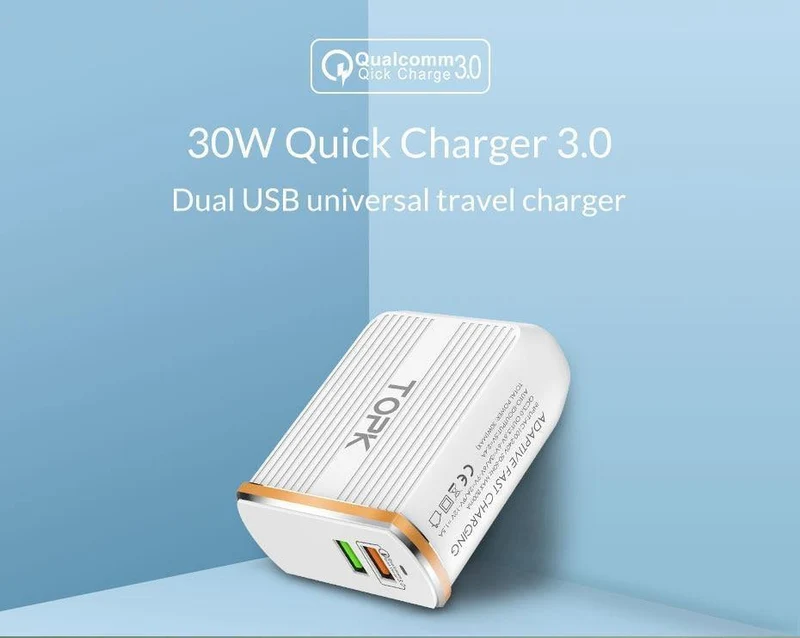 TOPK Handy-Ladegerät, 30 W, USB-Ladegerät für iPhone, Samsung, Xiaomi, Huawei, Quick Charge 3.0, Schnellladegerät, Dual-USB-Reiseadapter
