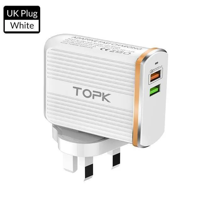 TOPK Handy-Ladegerät, 30 W, USB-Ladegerät für iPhone, Samsung, Xiaomi, Huawei, Quick Charge 3.0, Schnellladegerät, Dual-USB-Reiseadapter