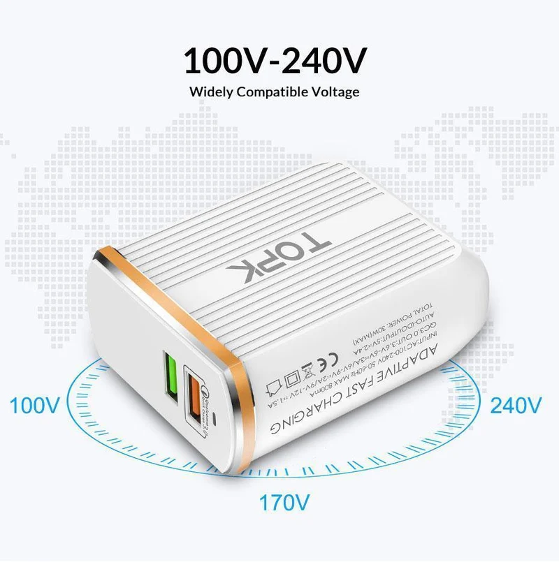 TOPK Handy-Ladegerät, 30 W, USB-Ladegerät für iPhone, Samsung, Xiaomi, Huawei, Quick Charge 3.0, Schnellladegerät, Dual-USB-Reiseadapter