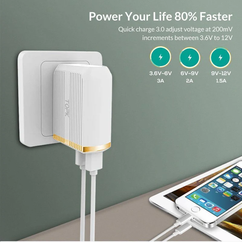 TOPK Handy-Ladegerät, 30 W, USB-Ladegerät für iPhone, Samsung, Xiaomi, Huawei, Quick Charge 3.0, Schnellladegerät, Dual-USB-Reiseadapter