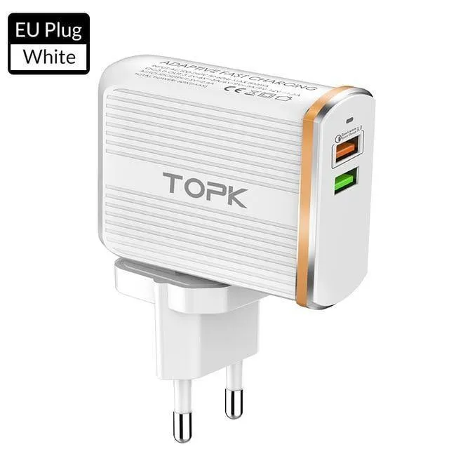 TOPK Handy-Ladegerät, 30 W, USB-Ladegerät für iPhone, Samsung, Xiaomi, Huawei, Quick Charge 3.0, Schnellladegerät, Dual-USB-Reiseadapter