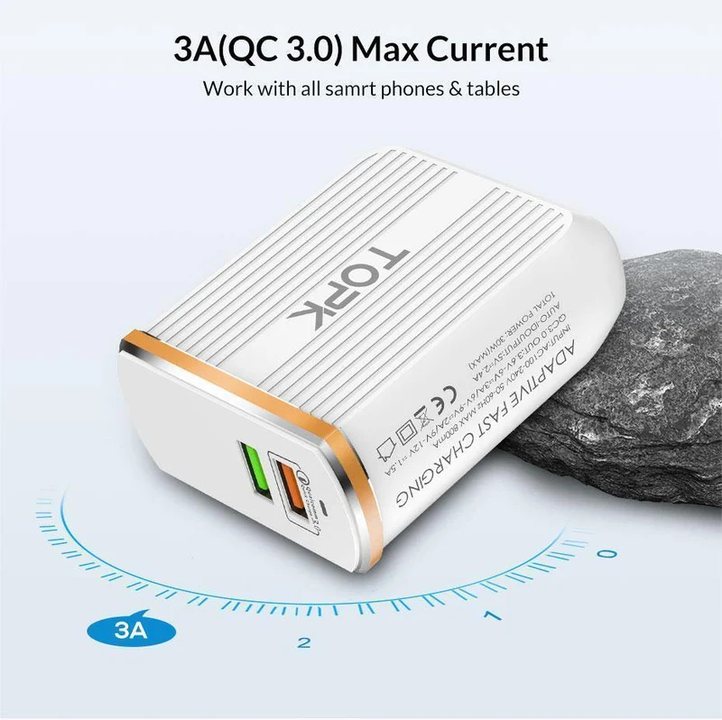 TOPK Handy-Ladegerät, 30 W, USB-Ladegerät für iPhone, Samsung, Xiaomi, Huawei, Quick Charge 3.0, Schnellladegerät, Dual-USB-Reiseadapter