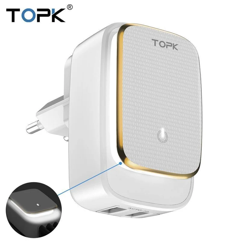 TOPK L-Power 2-Port 5V 2.4A EU&US LED Lampe USB Ladegerät Adapter Auto-ID Tragbares Reise Wandtelefonladegerät für iPhone Xiaomi