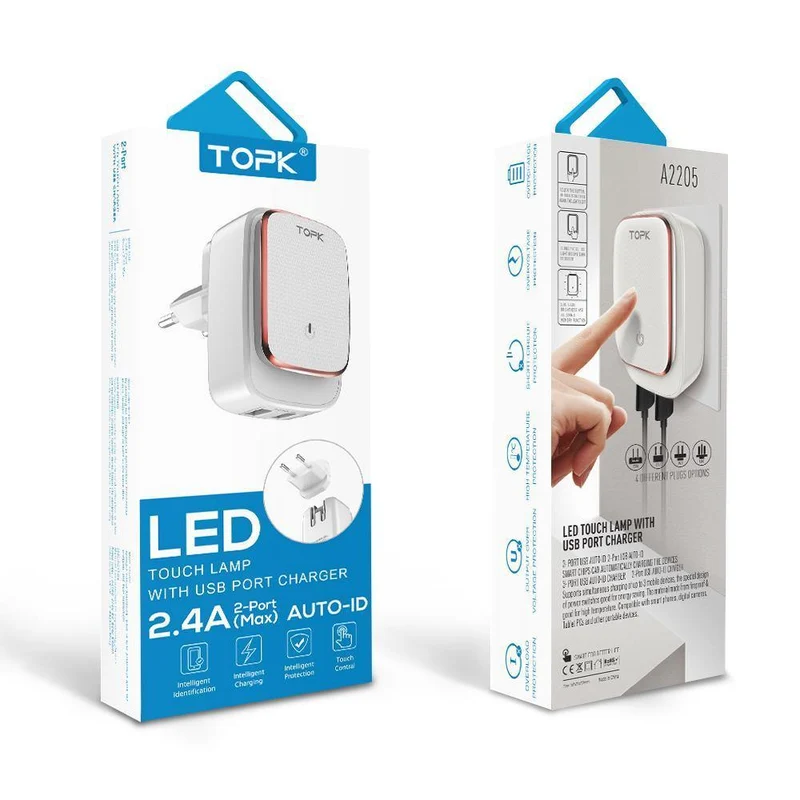 TOPK L-Power 2-Port 5V 2.4A EU&US LED Lampe USB Ladegerät Adapter Auto-ID Tragbares Reise Wandtelefonladegerät für iPhone Xiaomi