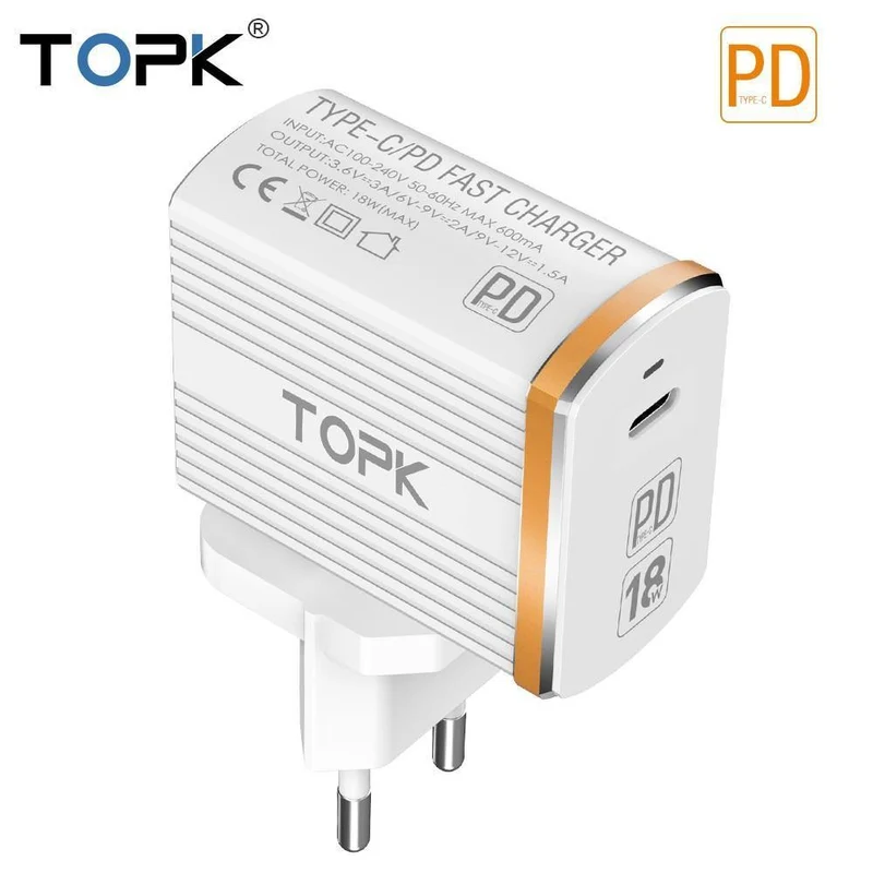 TOPK 18W Typ C PD Schnelllade-USB-Ladegerät für Samsung Galaxy S9 S8 Plus EU/UK-Stecker Telefon-Schnellladegerät