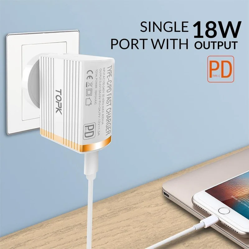 TOPK 18W Typ C PD Schnelllade-USB-Ladegerät für Samsung Galaxy S9 S8 Plus EU/UK-Stecker Telefon-Schnellladegerät