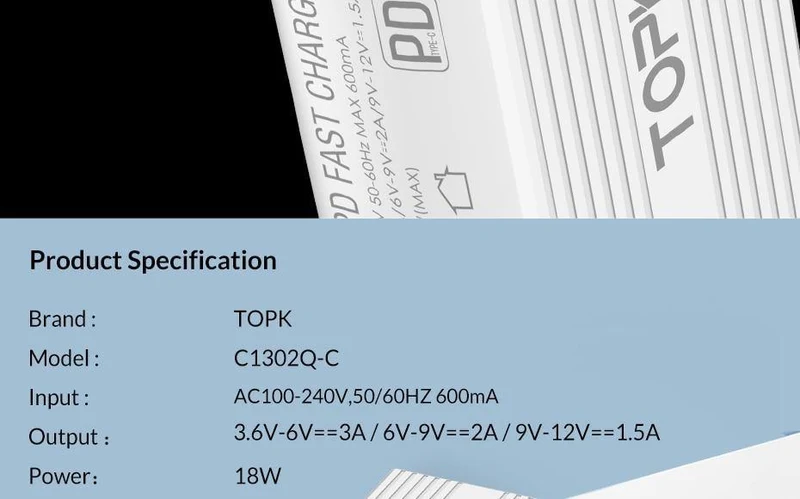TOPK 18W Typ C PD Schnelllade-USB-Ladegerät für Samsung Galaxy S9 S8 Plus EU/UK-Stecker Telefon-Schnellladegerät
