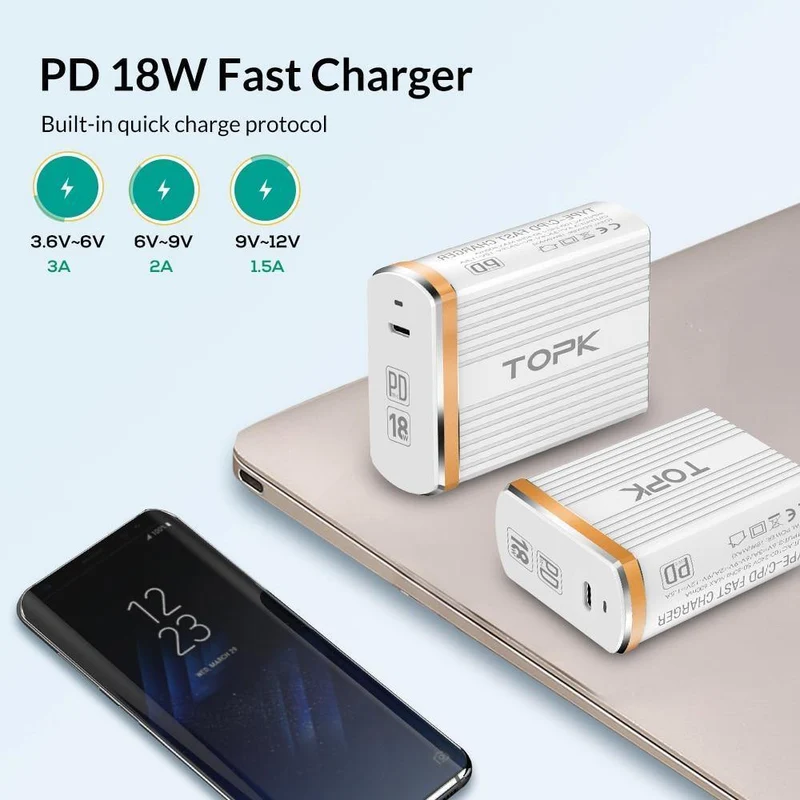 TOPK 18W Typ C PD Schnelllade-USB-Ladegerät für Samsung Galaxy S9 S8 Plus EU/UK-Stecker Telefon-Schnellladegerät