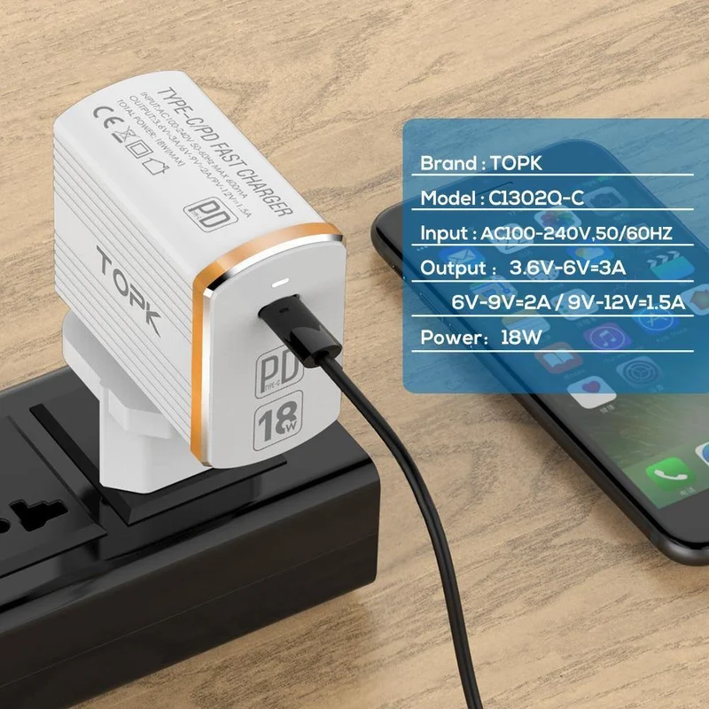 TOPK 18W Typ C PD Schnelllade-USB-Ladegerät für Samsung Galaxy S9 S8 Plus EU/UK-Stecker Telefon-Schnellladegerät