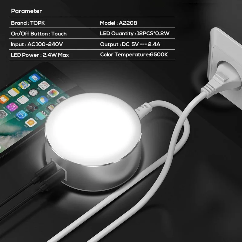 TOPK 5 V 2.4 A (max.) 12 W Auto-ID Dual USB-Ladegerät Dimmbare Smart LED Tischlampe EU-Handy-Ladegerät für iPhone Samsung Xiaomi