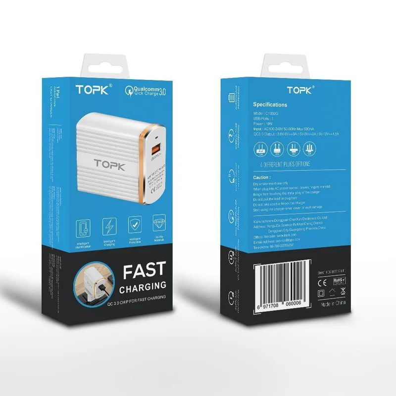 TOPK 18W Quick Charge 3.0 USB-Ladegerät 1-Port Reise-Wand-Handy-Ladegerät für Samsung Xiaomi Huawei Adapter EU US-Stecker
