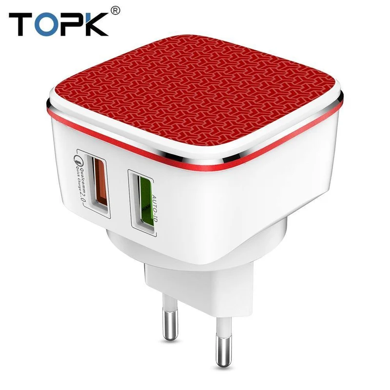 TOPK Schnelles USB-Ladegerät 21 W Quick Charge 2.0 Handy-Ladegerät Auto-ID Dual USB-Wandladegerät Adapter für Samsung Xiaomi Huawei