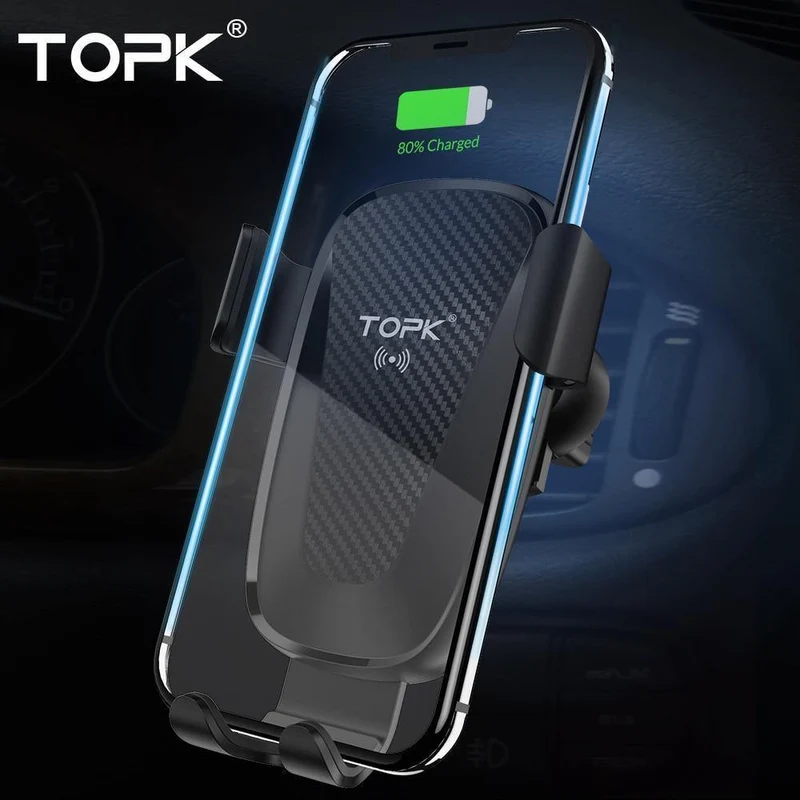 TOPK Autohalterung für kabelloses Ladegerät für iPhone XS Max XR 8 Plus, 10 W, schnelles kabelloses Laden, Autotelefonhalter für Samsung Note 9 S9 S8
