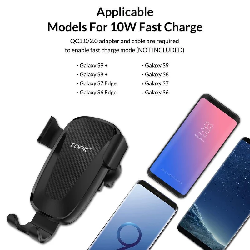 TOPK Autohalterung für kabelloses Ladegerät für iPhone XS Max XR 8 Plus, 10 W, schnelles kabelloses Laden, Autotelefonhalter für Samsung Note 9 S9 S8