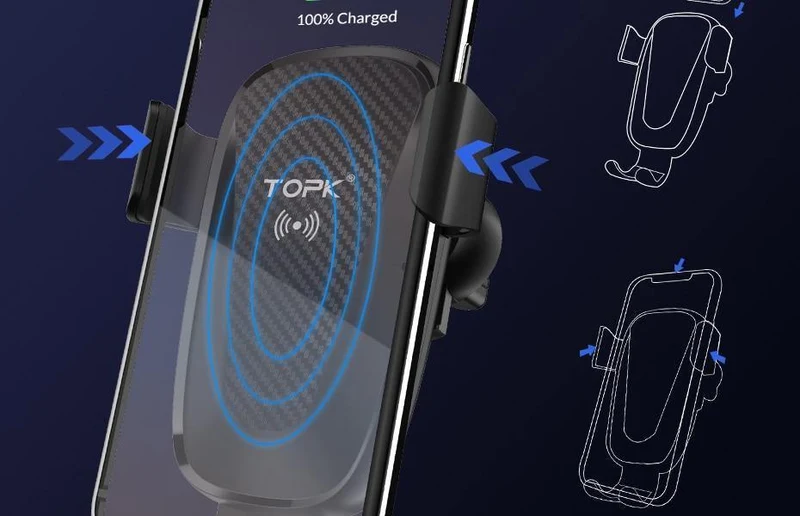 TOPK Autohalterung für kabelloses Ladegerät für iPhone XS Max XR 8 Plus, 10 W, schnelles kabelloses Laden, Autotelefonhalter für Samsung Note 9 S9 S8