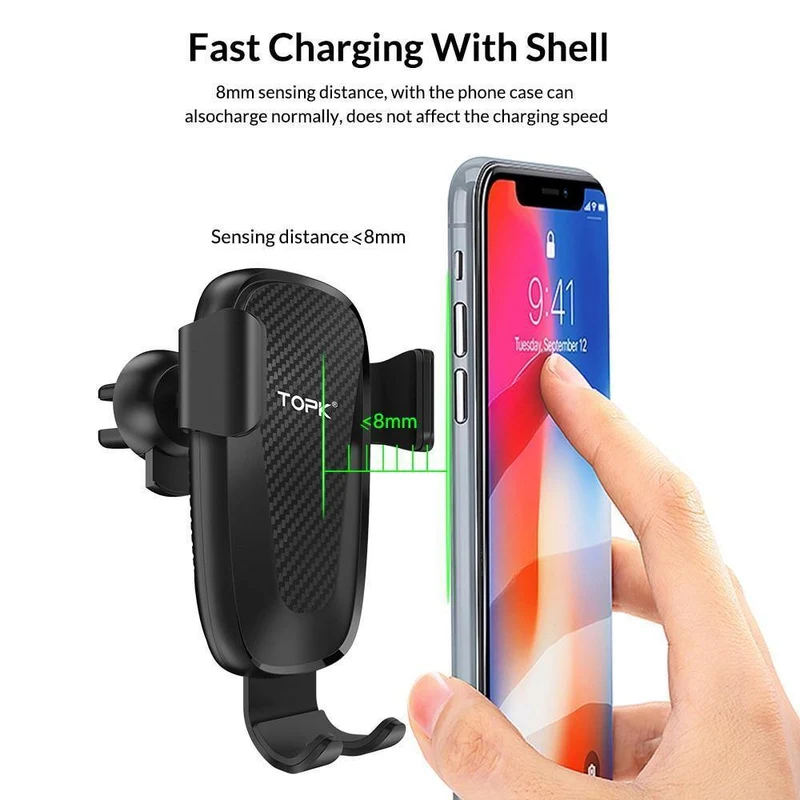 TOPK Autohalterung für kabelloses Ladegerät für iPhone XS Max XR 8 Plus, 10 W, schnelles kabelloses Laden, Autotelefonhalter für Samsung Note 9 S9 S8