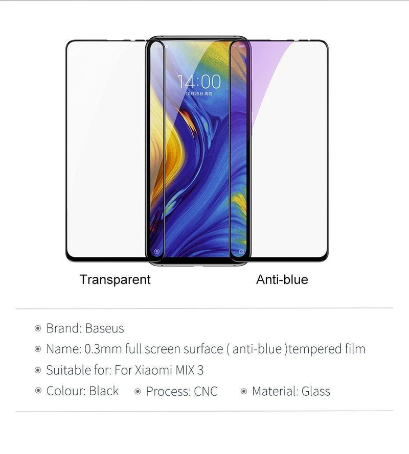 Baseus 0.3 mm Displayschutz aus gehärtetem Glas für Xiaomi Mix 3. Vollständige Abdeckung. Schutzfolie aus gehärtetem Glas für Xiaomi mi Mix3.